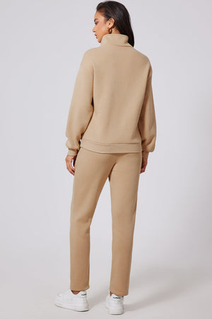 Button-neck lounge set in dust storm beige, featuring a mock neck sweatshirt and matching pants.
