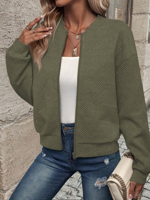 Army green geometric quilted bomber jacket with a zip front and crew neck.
