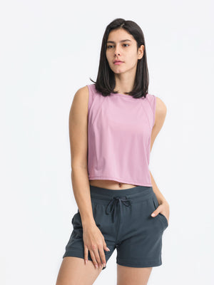 Dusty Pink mesh-inset back cropped active tank with crew neck and sleeveless cut.
