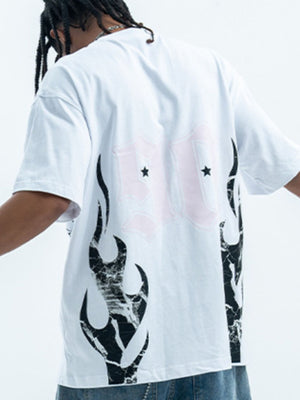 White cotton graphic t-shirt with oversized fit, crew neck, and flame print.