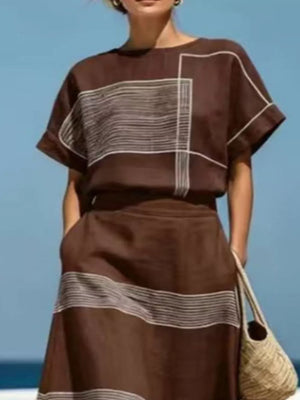 Full Size Striped Round Neck Top And Skirt Set, alternate angle