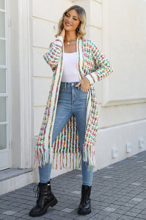Chromatic crochet maxi cardigan with fringe detail in Multi color, acrylic material.