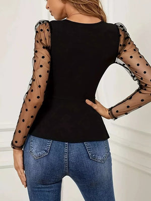 Polka Dot Mesh Sleeve Wrap Top in Black, model styling view