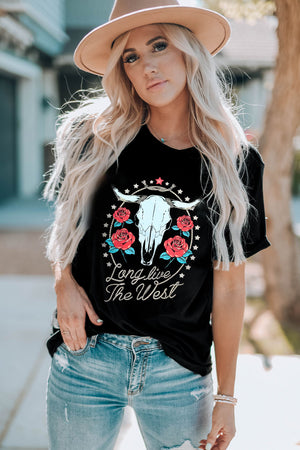 Black graphic tee with western skull and roses design, "Long live The West" text.