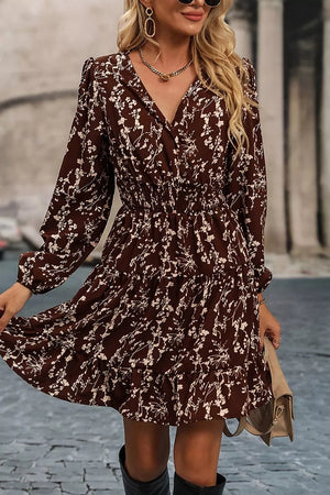 Ditsy Floral Print Split Neck Mini Dress in Coffee Brown, front view
