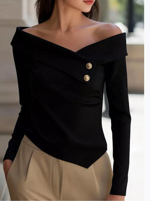 Elegant Off-the-shoulder Blouse With Buttons in White, model styling view