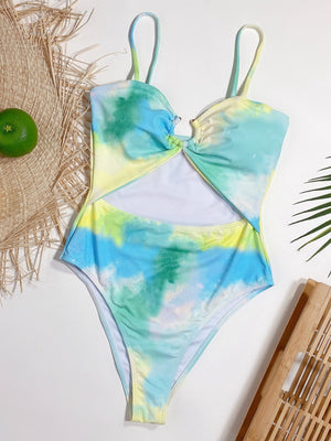Aqua tie-dye one-piece swimsuit with keyhole cutout and ring detail