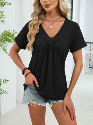 Ruched V-neck short sleeve t-shirt in black with elastane for comfort.