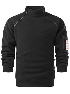 Black fleece lined sweatshirt with mock neck, zippered chest detail and arm pocket with flag patch.