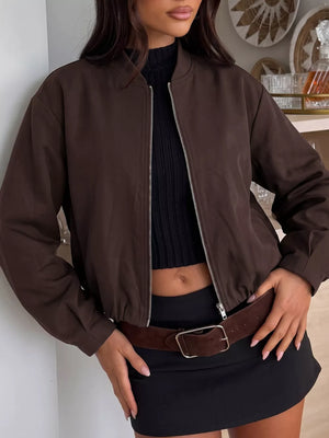 Zip Up Dropped Shoulder Jacket in Coffee Brown, front view
