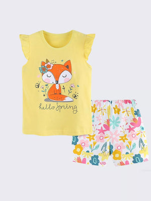 Toddler yellow cotton set with fox graphic tee and floral shorts