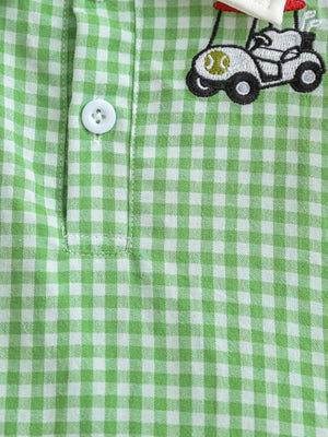 Gingham polo dress in Gum Leaf green cotton with a golf cart embroidery and white button detail.