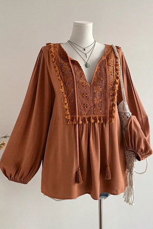 Plus Size V Neck Embroidered Tassel Blouse in Caramel, close-up detail