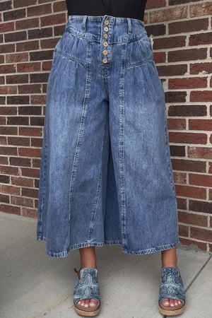 Maternity wide-leg jeans in blue denim with a button-fly and high waist.