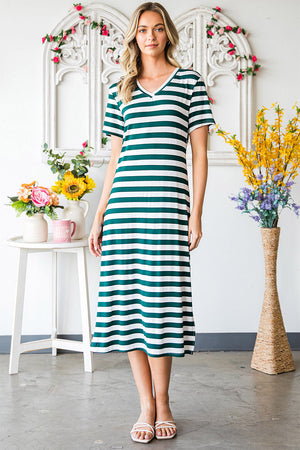 Striped jersey maxi dress with V-neck and short sleeves in green and white stripes.