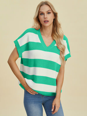 Bold Stripe Cap-Sleeve Knit Top in Turquoise and white, V-neck, casual knit sweater