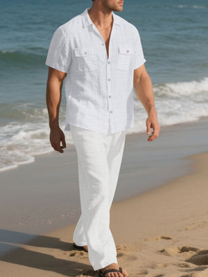Men's Casual Button-up Shirt And Pants Set Plus Size, close-up detail