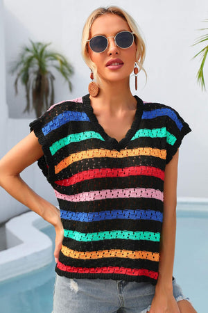 Sleeveless crochet knit top with rainbow stripes and V-neck