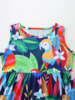 Baby A-line dress with vibrant parrot and tropical leaf print, cotton blend, sleeveless.