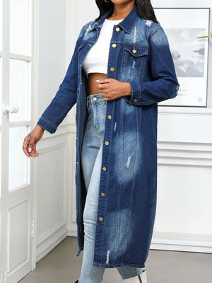 Distressed denim maxi jacket in medium wash with gold buttons and collared neckline.