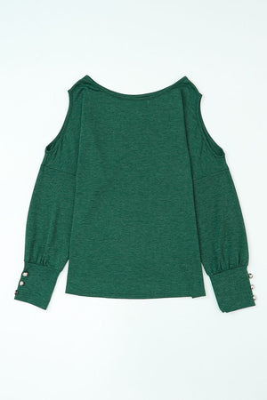 Dark green cold shoulder blouse with button cuff sleeves
