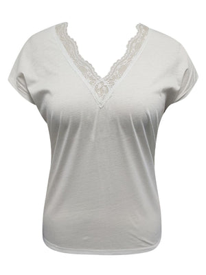 White cap sleeve blouse with lace trimmed V-neck.