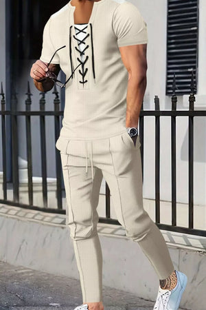 Men's Full Size Lace-up Front Top And Pants Set, back view