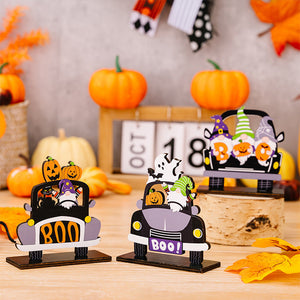 Halloween gnome car tableau set with pumpkins and ghosts, multicolor wood decor.