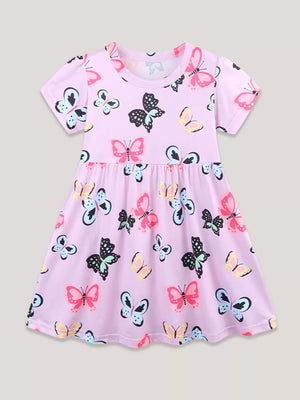 Pink butterfly print toddler dress with short sleeves and above-knee length.