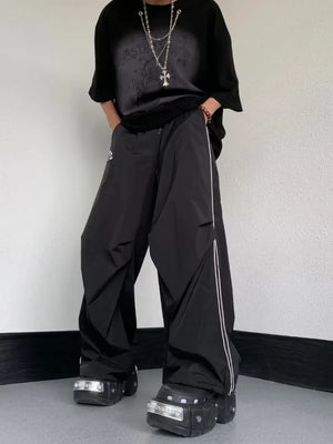Men's Striped Wide Leg Pants in Black, close-up detail