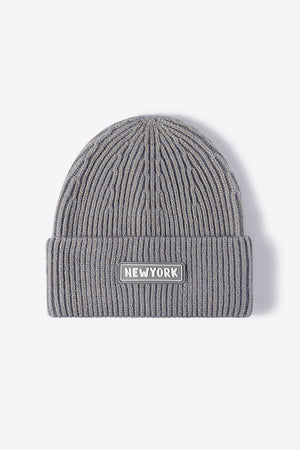 Gray ribbed acrylic beanie with New York patch detail