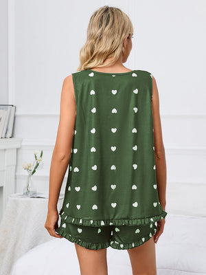 Army green heart print loungewear set with ruffle hem shorts and tank top.