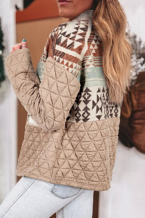 Aztec Quilted Patchwork Western Jacket in Camel, fit detail