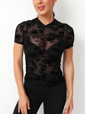 Black velvet floral mesh mock neck top with short sleeves