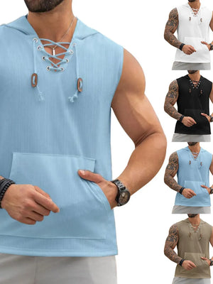 Sleeveless ribbed knit hoodie in light blue with lace-up neckline and front pocket.