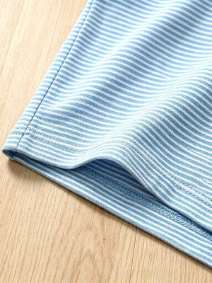 Baby blue and white striped cotton shorts with a rolled hem detail.