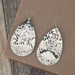 Python print and glitter drop earrings in silver with layered teardrop shape.