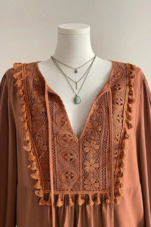 Plus Size V Neck Embroidered Tassel Blouse in Caramel, back view