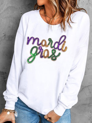 White cotton sweatshirt with sequin Mardi Gras script detail