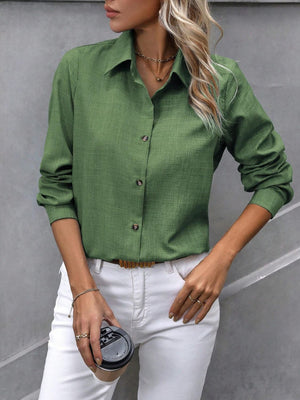 Linen-blend button-down shirt in Matcha Green with a collared neckline and long sleeves.