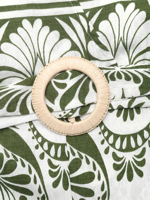 Botanical print halter neck jumpsuit with raffia ring detail