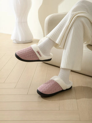 Dusty Pink cable knit shearling house slippers with faux fur trim.