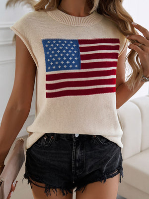Beige knit vest with American flag graphic, crewneck, sleeveless, casual style