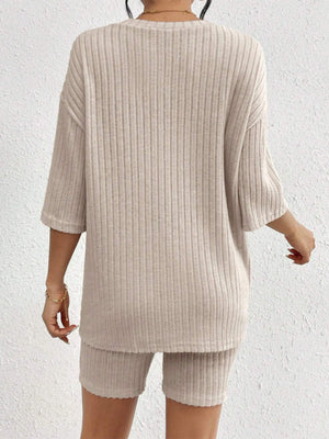 Relaxed ribbed lounge set in Dust Storm, featuring a short-sleeve top and bike shorts.