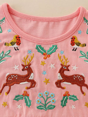 Pink cotton toddler dress with embroidered deer, birds, holly and flowers.