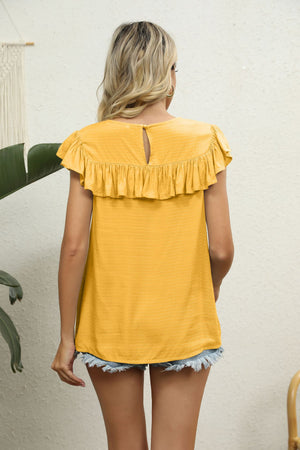 Gold ruffle sleeve blouse with lace yoke and keyhole back detail.