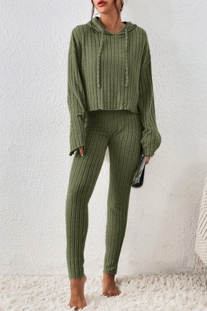 Army green ribbed knit cropped hoodie and leggings lounge set with raw hem detail.