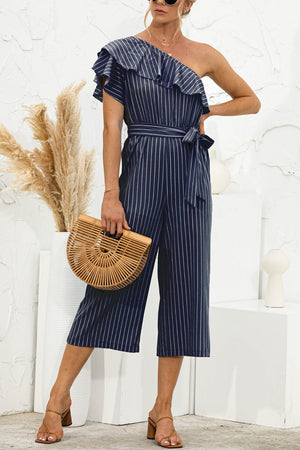 Dark blue striped ruffle one-shoulder culotte jumpsuit with tie waist