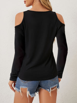 Black cold shoulder knit top with lace inset detail.