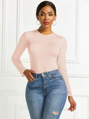 Apricot ribbed long sleeve bodysuit with crew neck